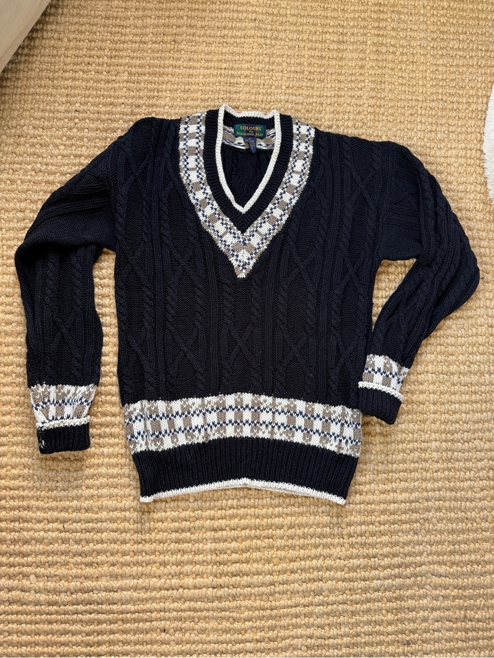 Vintage Alexander Julian Black V-Neck Cable Knit Sweater with Cream & Gray Trim